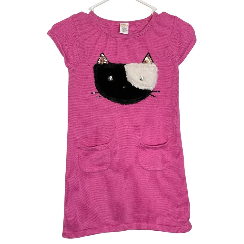 Gymboree 8 Pink‎ Sweater Dress Cat Applique Sequin Pockets Catcore Kawaii